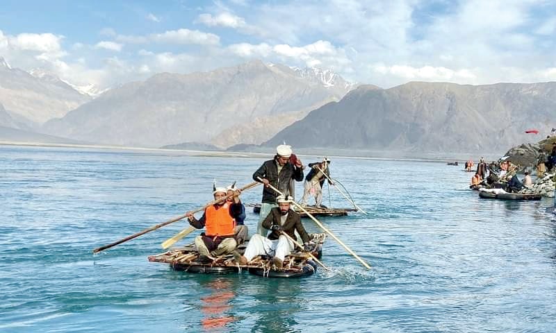 Raft race participants arrive in Sandus area of Skardu.—Dawn