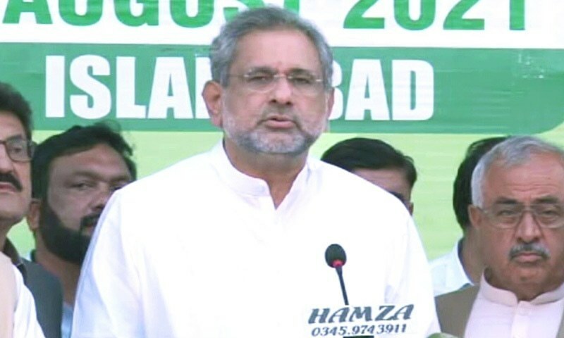 In this file photo, Former prime minister Shahid Khaqan Abbasi addresses a press conference. &mdash; DawnNewsTV/File