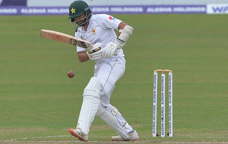 Pakistan's Azhar Ali plays a shot on the second day of the second Test cricket match between Bangladesh and Pakistan at the Sher-e-Bangla National Cricket Stadium in Dhaka on Dec 5, 2021. — afp