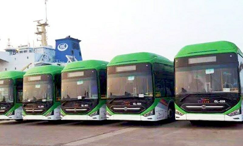 The Green Line buses are seen at Karachi Port in this file photo. — DawnNewsTV/File