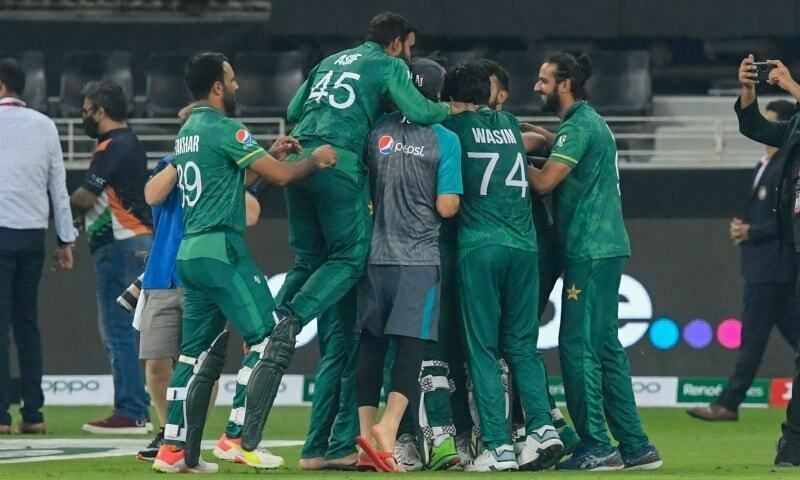 Pakistan's team members celebrate their victory at the end of the Twenty20 World Cup match between India and Pakistan at the Dubai International Cricket Stadium in Dubai on October 24. — AFP/File Pakistan's team members celebrate their victory at the end of the Twenty20 World Cup match between India and Pakistan at the Dubai International Cricket Stadium in Dubai on October 24. — AFP/File