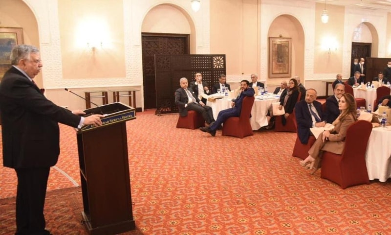 Finance Adviser Shaukat Tarin addresses an event of the Pakistan Business Council in Islamabad on Thursday. — PID