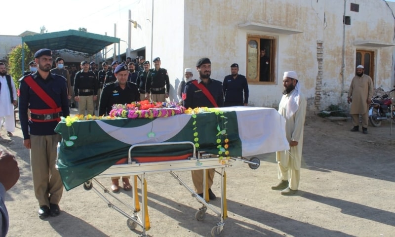 A photo of the casket of the policeman who was martyred in a gun attack on a polio team in Tank district on Saturday. — Photo by author