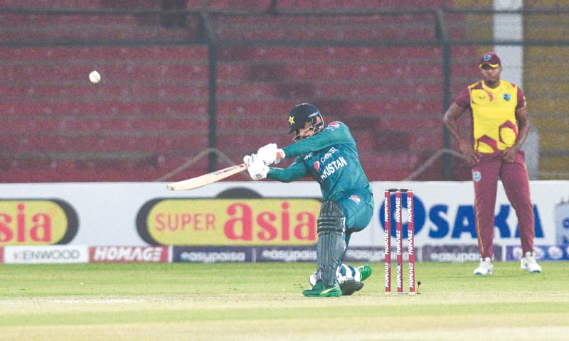 PAKISTAN’S Shadab Khan plays a lofted shot during the second Twenty20 International against the West Indies at the National Stadium on Tuesday.—Tahir Jamal/White Star