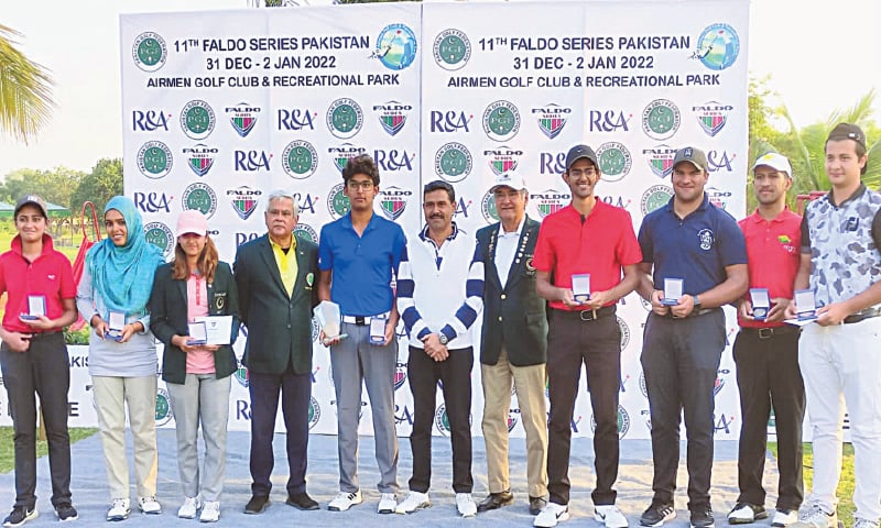 THE winners of each age class in the Faldo Series Pakistan, including overall winner Omar Khalid (fifth L), pose with their trophies at the Airmen Golf Club on Sunday. THE winners of each age class in the Faldo Series Pakistan, including overall winner Omar Khalid (fifth L), pose with their trophies at the Airmen Golf Club on Sunday.