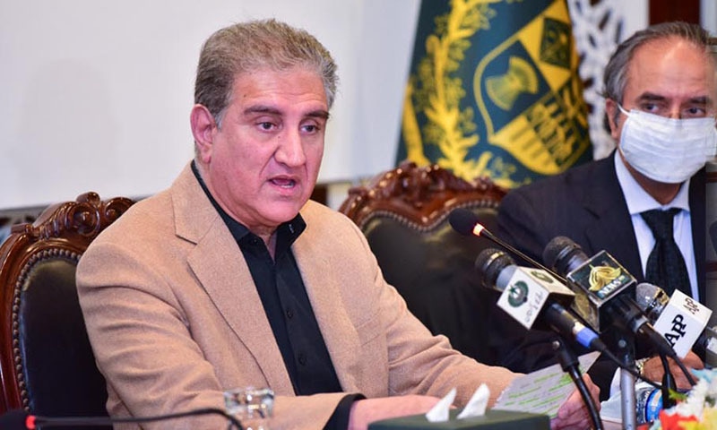 Foreign Minister Shah Mahmood Qureshi briefs the media at the Foreign Office on Monday. — PID