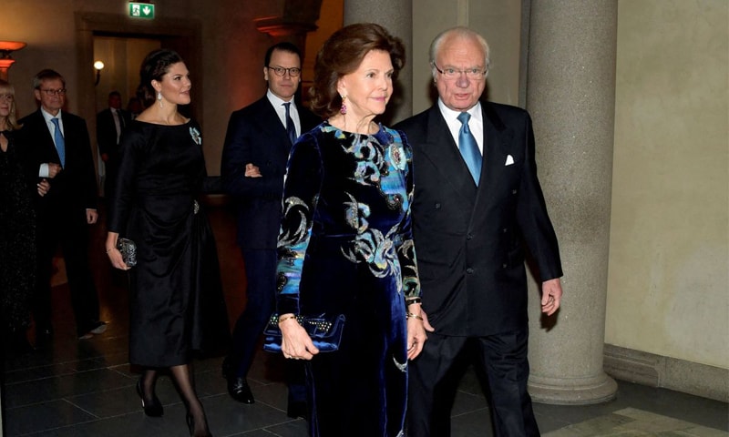 Sweden's King Carl Gustav and Queen Silvia arrive with Crown Princess Victoria and Prince Daniel to attend the Nobel Prize award ceremony at the Blue Hall of the Stockholm City Hall in Stockholm, Sweden on December 10, 2021. &mdash; Reuters/File