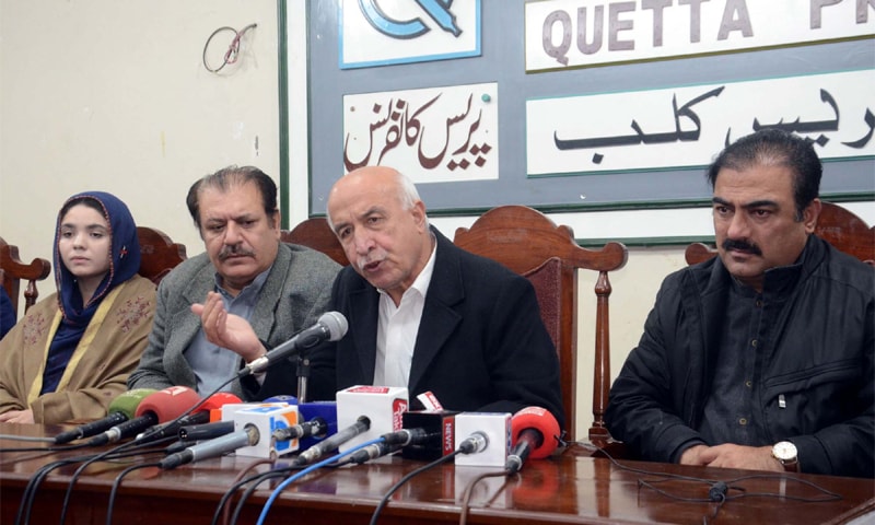 NATIONAL Party chief Dr Abdul Malik Baloch addresses a news conference at Quetta Press Club on Wednesday.—PPI