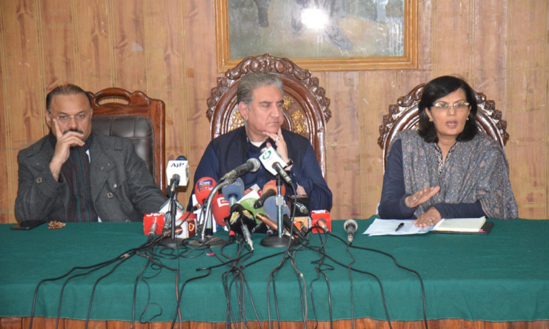 Foreign Minister Makhdoom Shah Mahmood Qureshi addresses a press conference alongside Special Assistant to the Prime Minister (SAPM) on Poverty Alleviation and Social Protection Dr Sania Nishtar on Friday. — PID