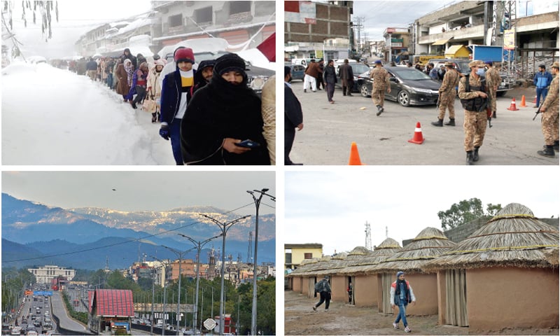 (Clockwise from top) People walk on foot after their vehicles got stuck in snow in Murree, army personnel stop vehicles near the Expressway toll plaza from proceeding further, a boy walks past huts in Bhara Kahu after arriving from the hill station while snow-covered Murree hills can be seen from Islamabad on Saturday. — Photos by Tanveer Shahzad, Online & INP