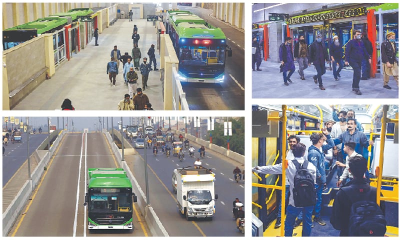 Commuters in good numbers reach different stations to use the Green Line bus service, which became fully operational on Monday. — PPI / 
Fahim Siddiqi / White Star