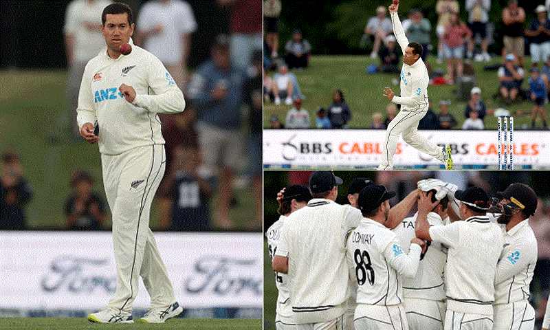 This combination of photos shows New Zealand's Ross Taylor bowls and celebrates with teammates after Bangladesh's Ebadot Hossain was caught out during day three of the second Test match between New Zealand and Bangladesh in Christchurch on Tuesday. &mdash; AFP