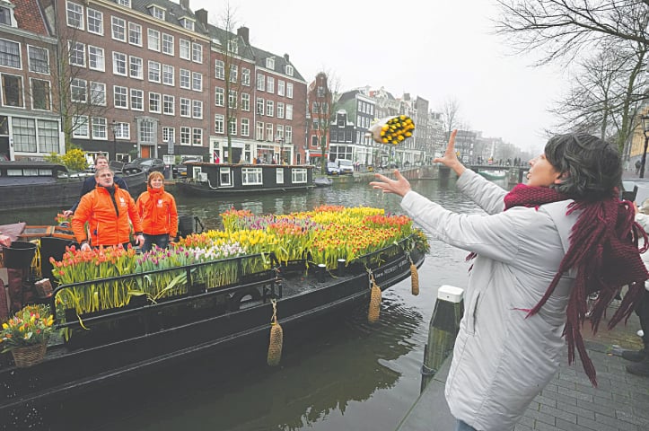 A woman catches a free bouquet of tulips in Amsterdam, Netherlands, on Saturday.—AP