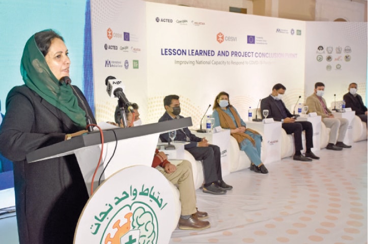 Parliamentary Health Secretary Nausheen Hamid speaks at the ceremony in Islamabad on Tuesday. &mdash; White Star