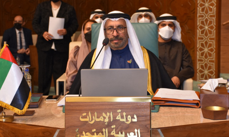 Emirati State Minister Khalifa Shaheen al-Marar (L) attends an extraordinary session of the Council of the Arab League States at the league headquarters in the Egyptian capital Cairo, to discuss the recent attacks against the UAE by Yemen’s Iran-backed Houthi group on Sunday. — AFP