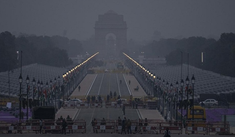 Rajpath, the ceremonial boulevard for Republic Day parade leading to landmark war memorial India Gate, is barricaded during preparations for Republic Day celebrations in New Delhi, on Tuesday. — AP