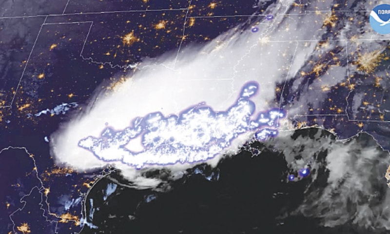 HOUSTON: A satellite image shows a thunderstorm complex that was found to contain the longest single flash which covered a horizontal distance on record &mdash; 768 kilometres across parts of the southern United States &mdash; on April 29, 2020.&mdash;AP
