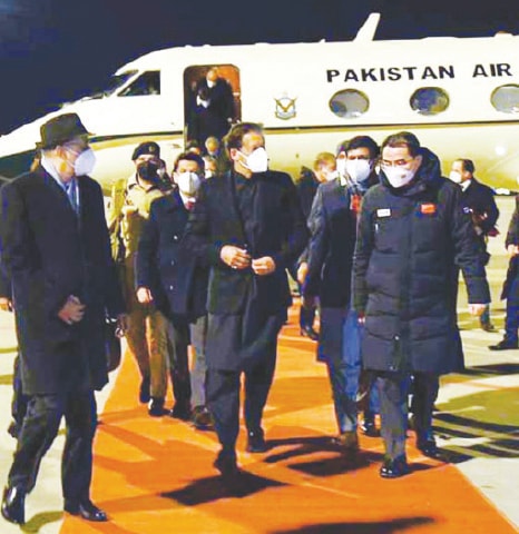 BEIJING: China’s Assistant Foreign Minister Wu Jianghao welcomes Prime Minister Imran Khan at Beijing Capital International Airport on Thursday.—PPI