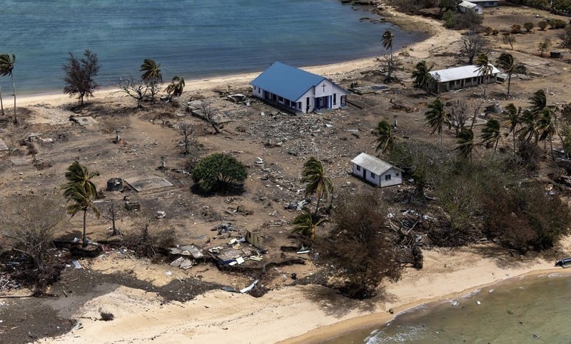 In this photo provided by the Australian Defence Force, debris from damaged buildings and trees are strewn around on Atata Island in Tonga, on Jan. 28, 2022, following the eruption of an underwater volcano and subsequent tsunami. &mdash; Reuters