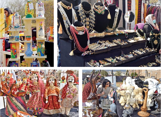(Clockwise) Lamps and vases, jewellery, decorative busts and hand-made dolls were on display during the ‘Winter Fete’ at the PNCA in Islamabad on Saturday. — Photos by Tanveer Shahzad & Online