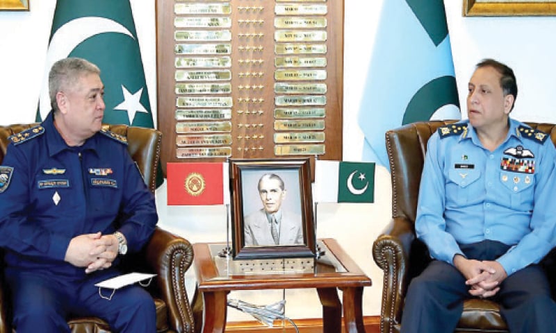 Chief of the Air Staff Air Chief Marshal Zaheer Ahmed Baber Sidhu meets Commander Kyrgyz Air Force Colonel Kylychbek Akimovich Aidaraliev at his office on Tuesday. — INP Chief of the Air Staff Air Chief Marshal Zaheer Ahmed Baber Sidhu meets Commander Kyrgyz Air Force Colonel Kylychbek Akimovich Aidaraliev at his office on Tuesday. — INP