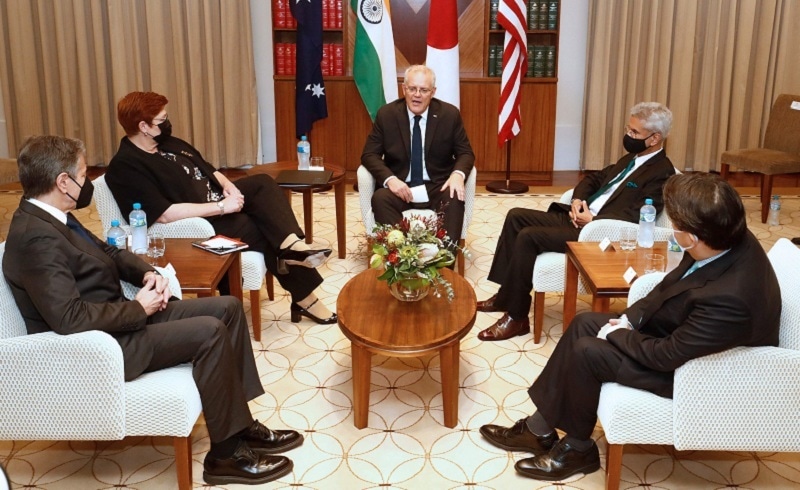 Australian Prime Minister Scott Morrison (C) addresses U.S. Secretary of State Antony Blinken (L), Australian Minister for Foreign Affairs Marise Payne (2/L), Indian Minister of External Affairs Dr. S. Jaishankar (2/R) and Japanese Minister for Foreign Affairs Hayashi Yoshimasa (R) before a meeting at the Melbourne Commonwealth Parliament Offices in Melbourne on Friday. — AFP