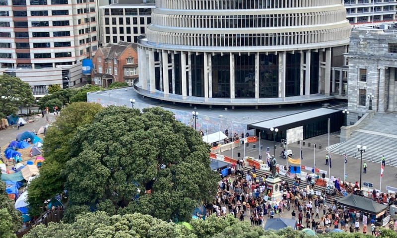 Anti-vaccine mandate protesters gather to demonstrate in front of the parliament building, in Wellington, New Zealand, on Wednesday. — Reuters