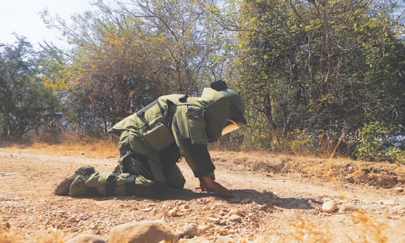 A Mexican Army soldier demonstrates a search for anti-personnel mines during a media presentation near Naranjo de Chila in the municipality of Aguililla.—AP A Mexican Army soldier demonstrates a search for anti-personnel mines during a media presentation near Naranjo de Chila in the municipality of Aguililla.—AP