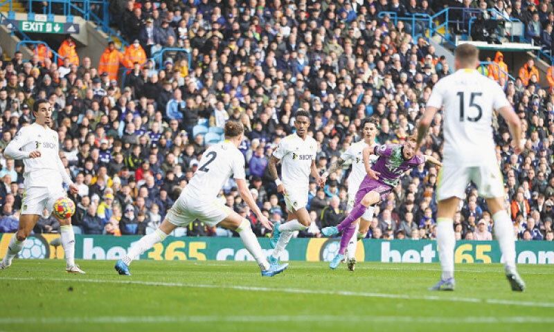 LEEDS: Tottenham Hotspur’s Dejan Kulusevski (second R) shoots to score during the Premier League match against Leeds at Elland Road on Saturday.—Reuters LEEDS: Tottenham Hotspur’s Dejan Kulusevski (second R) shoots to score during the Premier League match against Leeds at Elland Road on Saturday.—Reuters