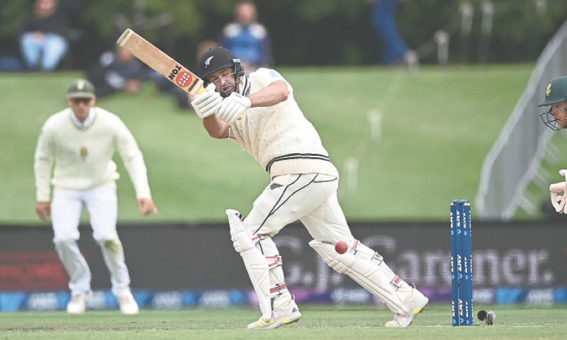 CHRISTCHURCH: New Zealand batter Colin de Grandhomme plays a shot during his century knock in the second Test against South Africa at the Hagley Oval on Sunday.&mdash;AP