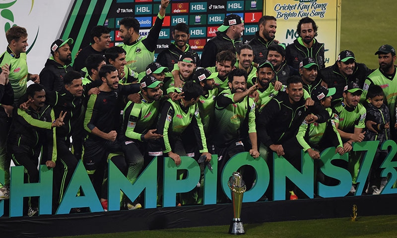 Lahore Qalandars' players celebrate the victory in the final of the Pakistan Super League (PSL) Twenty20 cricket match between Lahore Qalandars and Multan Sultans at the Gaddafi Cricket Stadium in Lahore on Sunday. — AFP