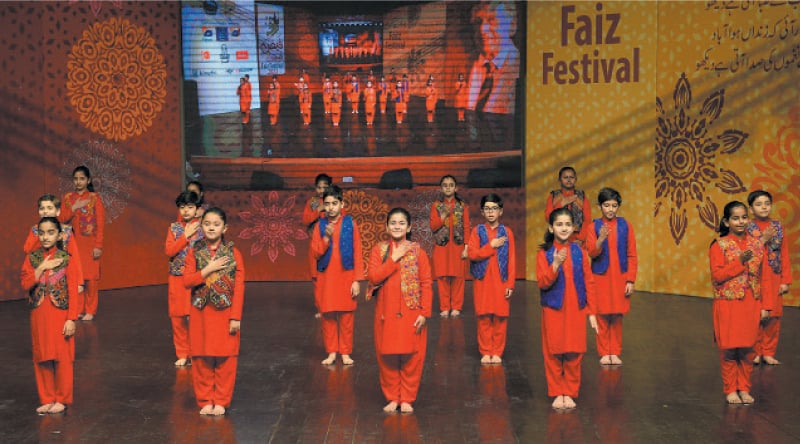 Students perform at the Faiz Festival at Alhamra. &mdash; White Star / Murtaza Ali