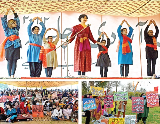 (Clockwise from top) Artists perform a tableau, women hold placards and participants of Aurat Azadi Jalsa sit at the venue in F-9 Park in Islamabad on Sunday. — Photos by Mohammad Asim