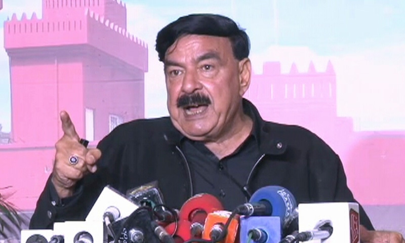 Interior Minister Sheikh Rashid addresses a press conference. — DawnNewsTV