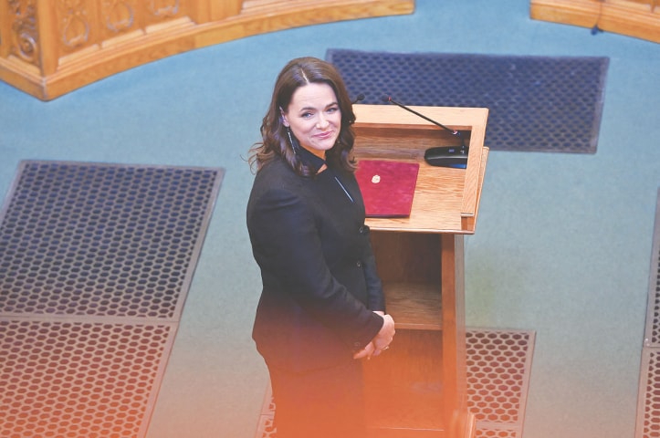Newly elected Hungarian President Katalin Novak smiles after taking oath of office when the parliament approved her appointment on Thursday.—AFP Newly elected Hungarian President Katalin Novak smiles after taking oath of office when the parliament approved her appointment on Thursday.—AFP