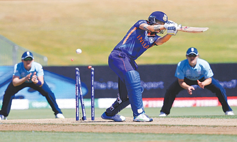 India’s Yastika Bhatia is cleaned up by Anya Shrubsole of England during their Women’s World Cup match at the Bay Oval on Wednesday.—AFP India’s Yastika Bhatia is cleaned up by Anya Shrubsole of England during their Women’s World Cup match at the Bay Oval on Wednesday.—AFP