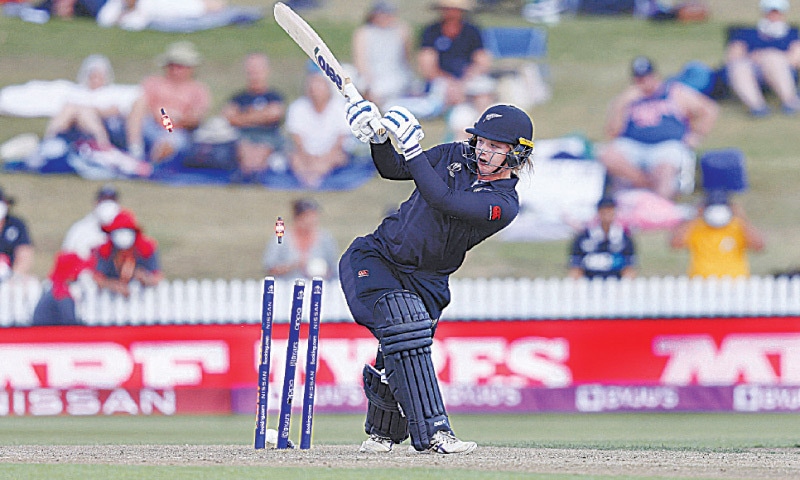 NEW ZEALAND&rsquo;S Brooke Halliday is cleaned up by Marizanne Kapp (not pictured) of South Africa during their Women&rsquo;s World Cup match at Seddon Park on Thursday.
&mdash;AFP