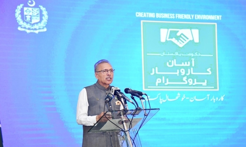 President Arif Alvi addresses a ceremony in Islamabad on Friday. &mdash; PID