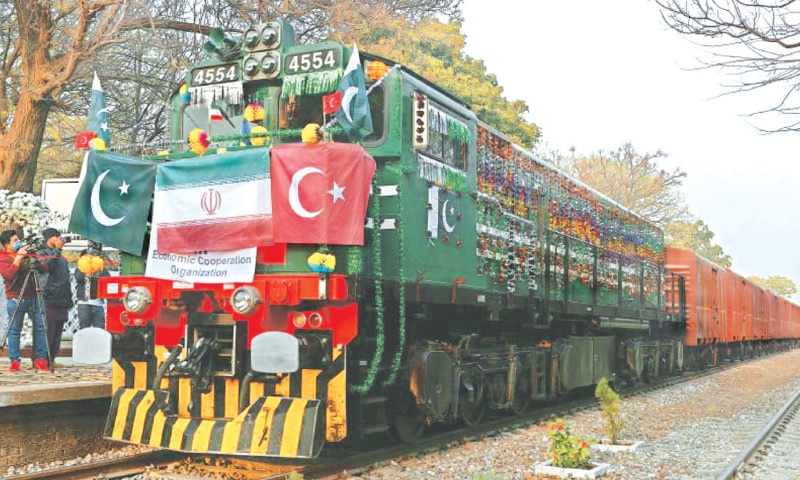 THIS file photo shows the first Islamabad-Tehran-Istanbul freight train at Margalla Railway Station in Islamabad during the inauguration ceremony on Dec 22, 2021.—Dawn