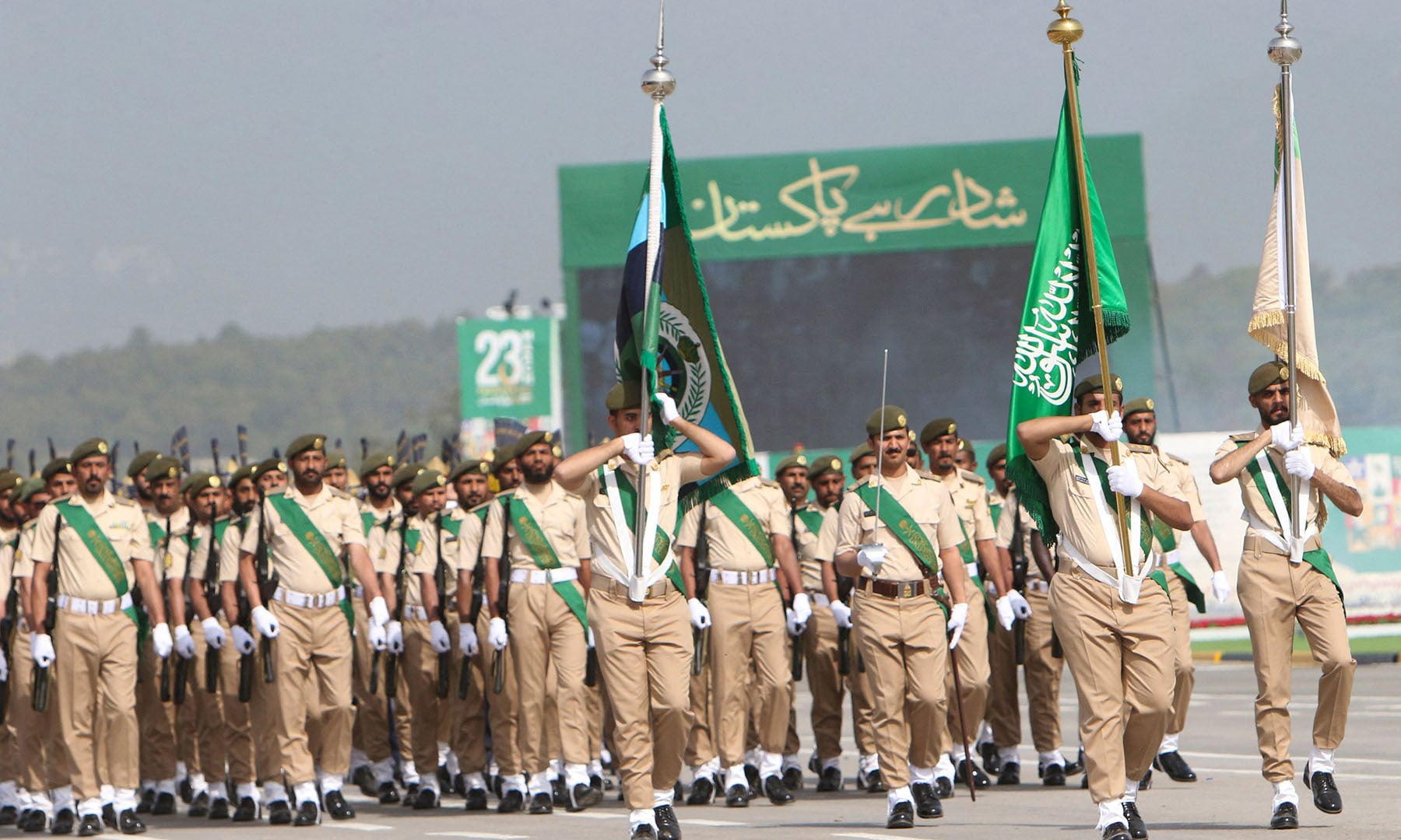 Saudi Arabia's soldiers march during the Pakistan Day parade in Islamabad. — AFP