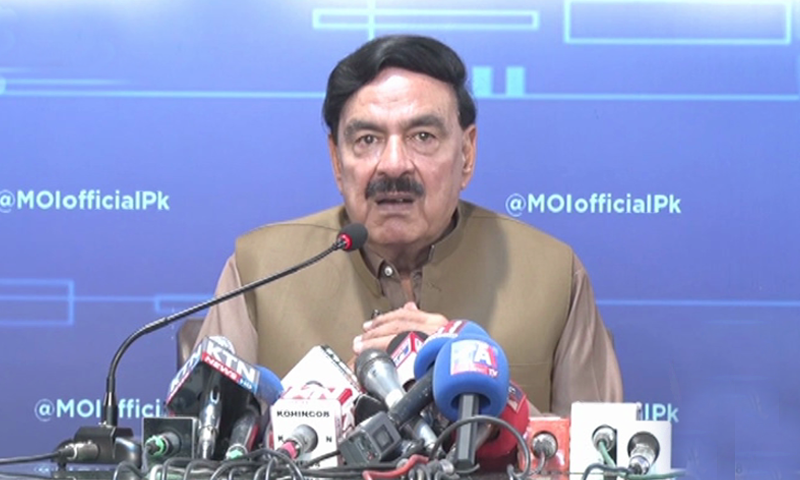 Interior Minister Sheikh Rashid Ahmed addresses a press conference in Islamabad on Monday. — DawnNewsTV