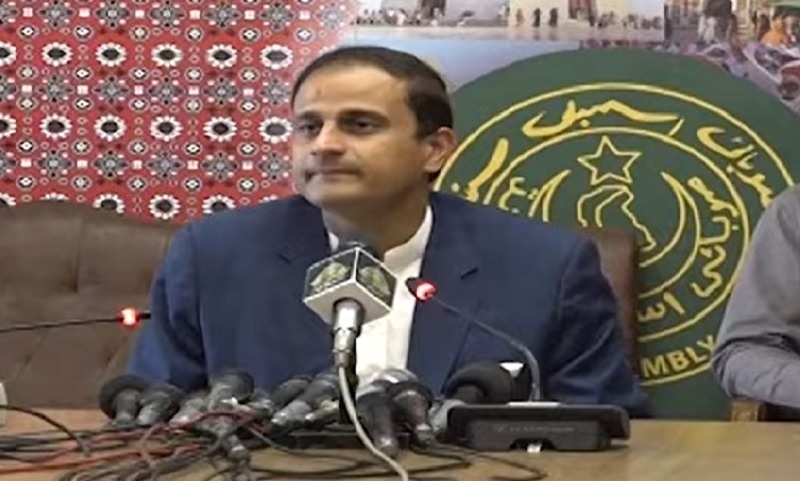 Karachi Administrator Murtaza Wahab addresses a press conference at the Sindh Assembly building on Thursday. — YouTube screengrab