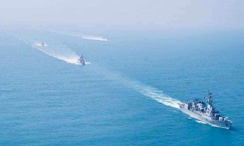 PNS Shamsheer participates in an exercise with UAE Navy ships Baynunah and Dhafra during a recent visit to Abu Dhabi.