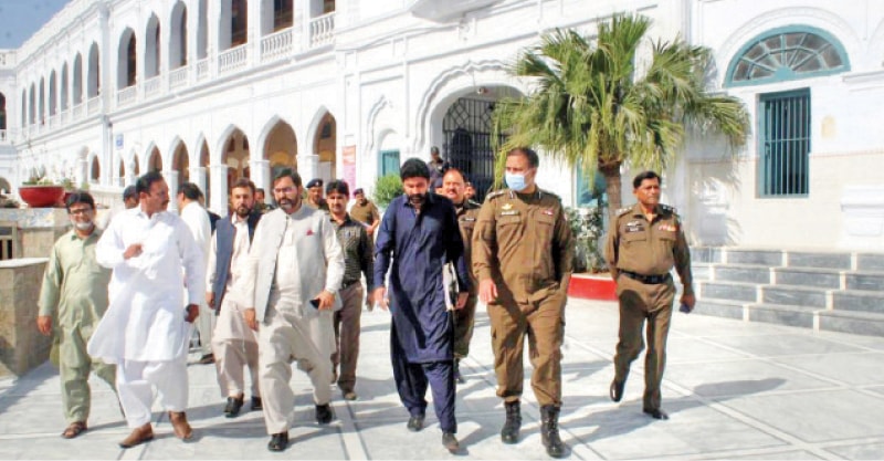 District administration officials visit Gurdwara Punja Sahib in Hassanabdal on Monday to review arrangements for the upcoming Baisakhi festival. &mdash; Dawn