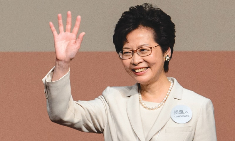 A MARCH 26, 2017, file photo shows Carrie Lam waving after she won the election for chief executive.&mdash;AFP