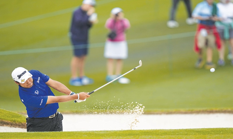 AUGUSTA: Hideki Matsuyama of Japan hits out of a bunker on the second hole during the final practice round prior to the Masters on Wednesday. Defending champion Matsuyama, who last year became the first Japanese man to win a major championship, is hoping a balky neck that has been bothering him for a few weeks is good enough when play gets underway on Thursday to give him a legitimate chance of winning the Masters again. No player has won the Masters in consecutive years since Tiger Woods in 2001-02 and prior to that only Nick Faldo (1989-90) and Jack Nicklaus (1965-66) have pulled off the Au AUGUSTA: Hideki Matsuyama of Japan hits out of a bunker on the second hole during the final practice round prior to the Masters on Wednesday. Defending champion Matsuyama, who last year became the first Japanese man to win a major championship, is hoping a balky neck that has been bothering him for a few weeks is good enough when play gets underway on Thursday to give him a legitimate chance of winning the Masters again. No player has won the Masters in consecutive years since Tiger Woods in 2001-02 and prior to that only Nick Faldo (1989-90) and Jack Nicklaus (1965-66) have pulled off the Au