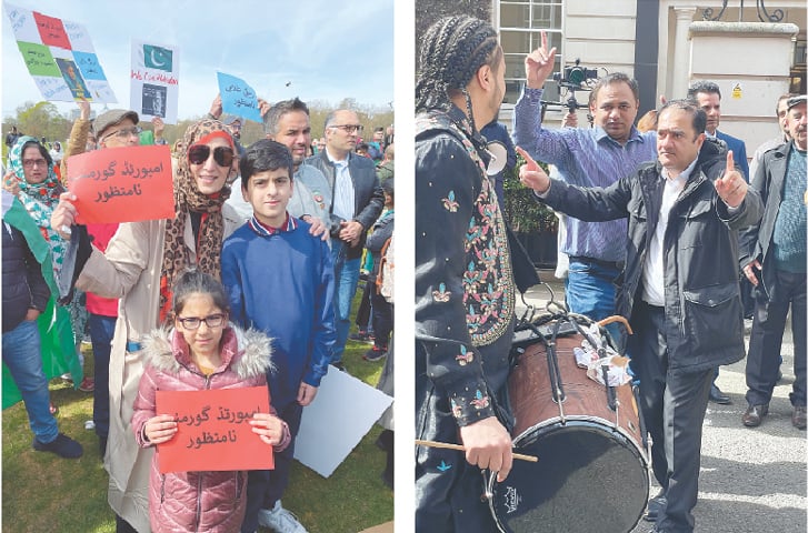 LONDON: Holding placards inscribed with the slogan ‘imported government unacceptable’, PTI supporters (left) gather in Hyde Park on Sunday; and, PML-N workers in front of the Avenfield House residence of Nawaz Sharif celebrate the ouster of ex-premier Imran Khan through a no-trust vote. — Dawn