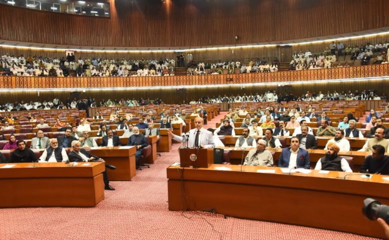 Prime Minister Shehbaz Sharif gives a speech after being elected the 23rd PM of Pakistan on Monday.—National Assembly/Twitter