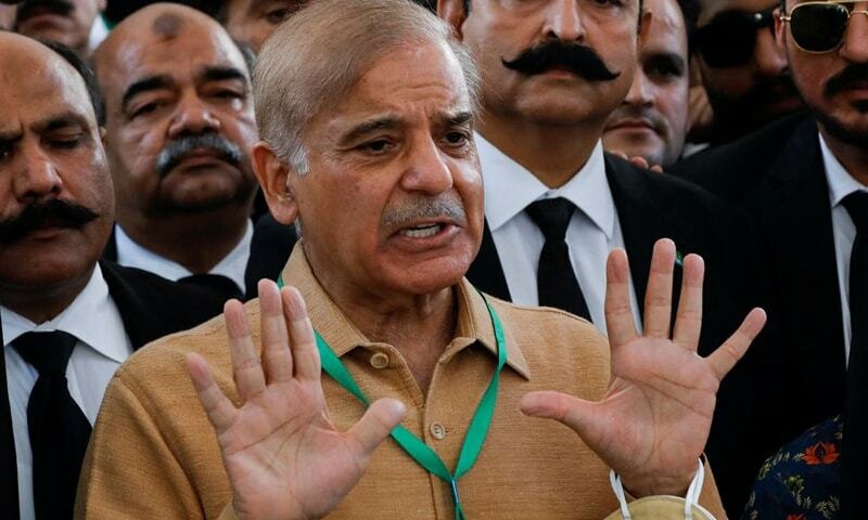 Shehbaz Sharif gestures as he speaks to the media at the Supreme Court of Pakistan in Islamabad, Pakistan on April 7, 2022. — Reuters/File