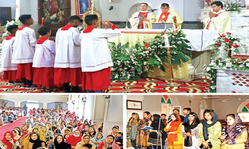 Clockwise from top: Priests conduct mass at Saint Joseph&rsquo;s Cathedral Church, girls sing hymns while people pray at a church near Liaquat Bagh in Rawalpindi on the occasion of Easter. &mdash; Photos by Mohammad Asim & APP